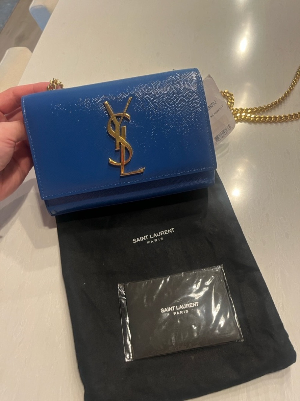 Saint Laurent YSL Bleu Majorelle Blue Patent Leather Monogram Chain Bag Clutch - Picture 1 of 9